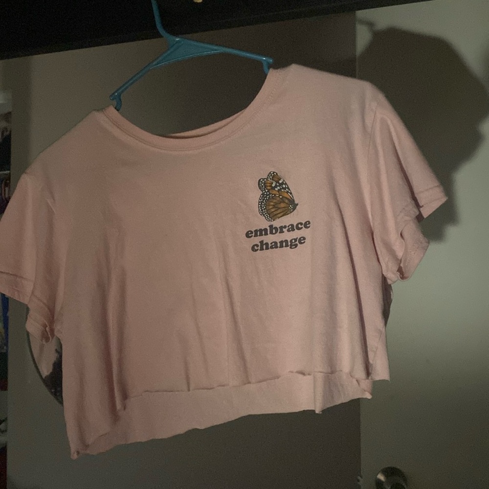 pink shirt that says embrace change, is cropped and size L